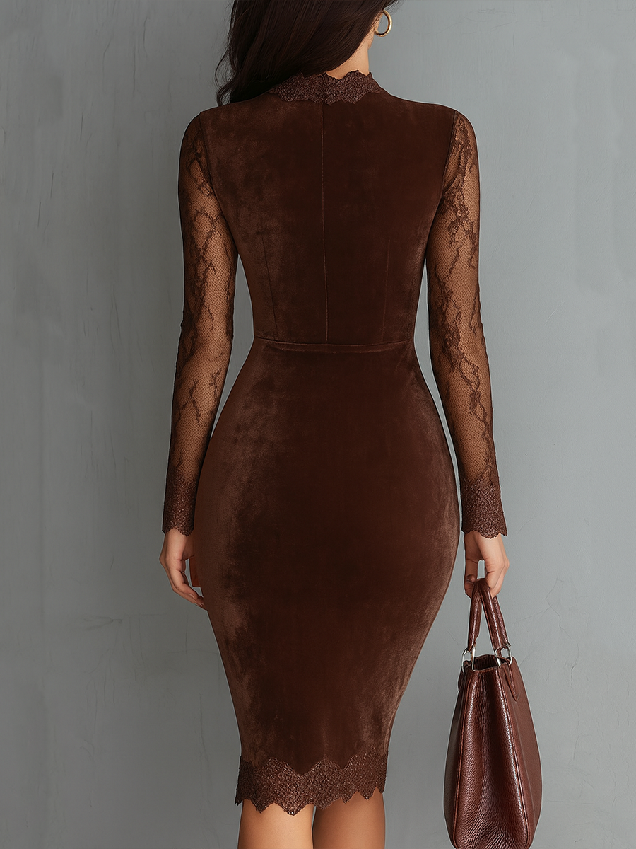 Vintage Keyhole Neck Lace Sleeves Velvet Mini Dress