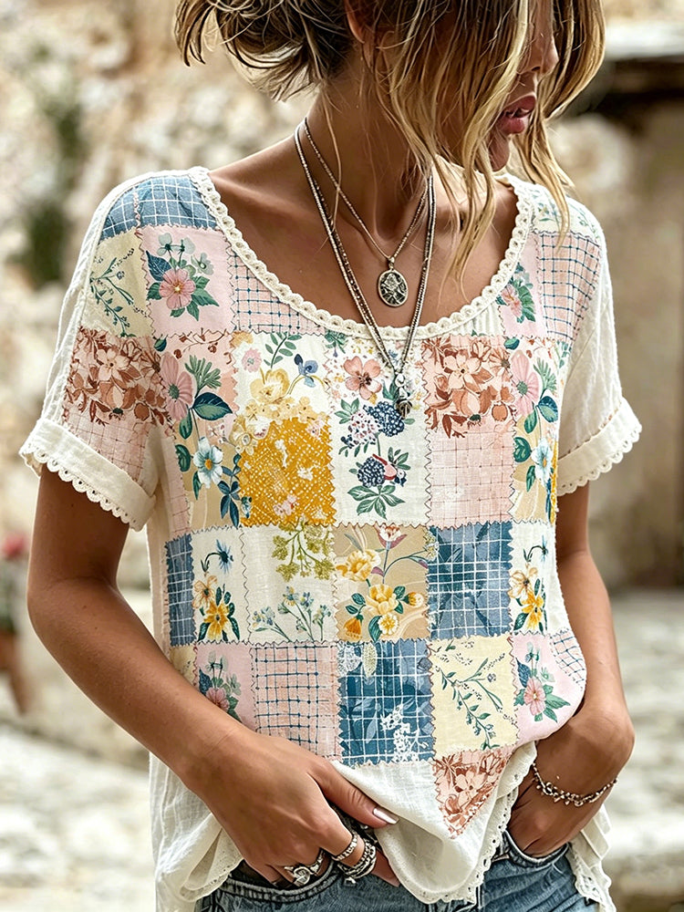 Women's Flower Print Crew Neck Linen Blend T-shirt