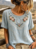 Women'S Vintage Western Turquoise Floral Faith Print Linen Short-Sleeved T-Shirt