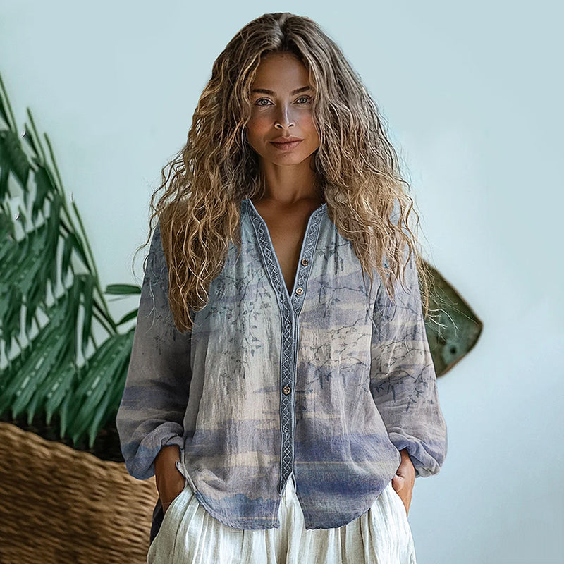 Bohemian Style Linen Graduate Floral Art Print Long Sleeve Shirt