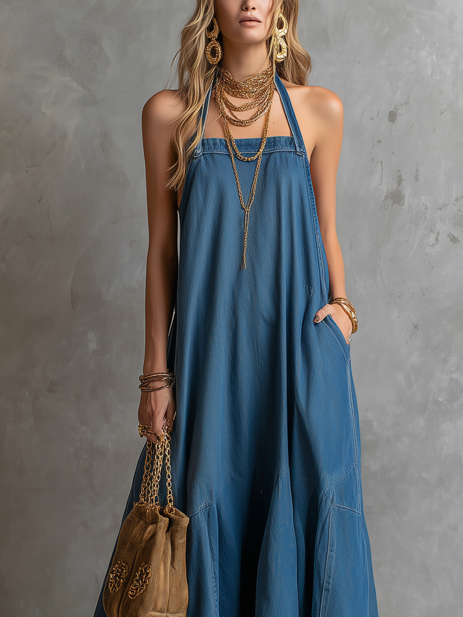 Bohemian Soft Denim Suspender Dress