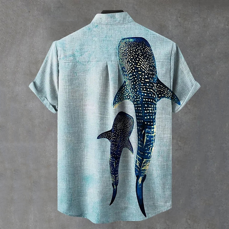 Men's Vintage Ocean Whale Art Print Casual 100% Cotton Shirt