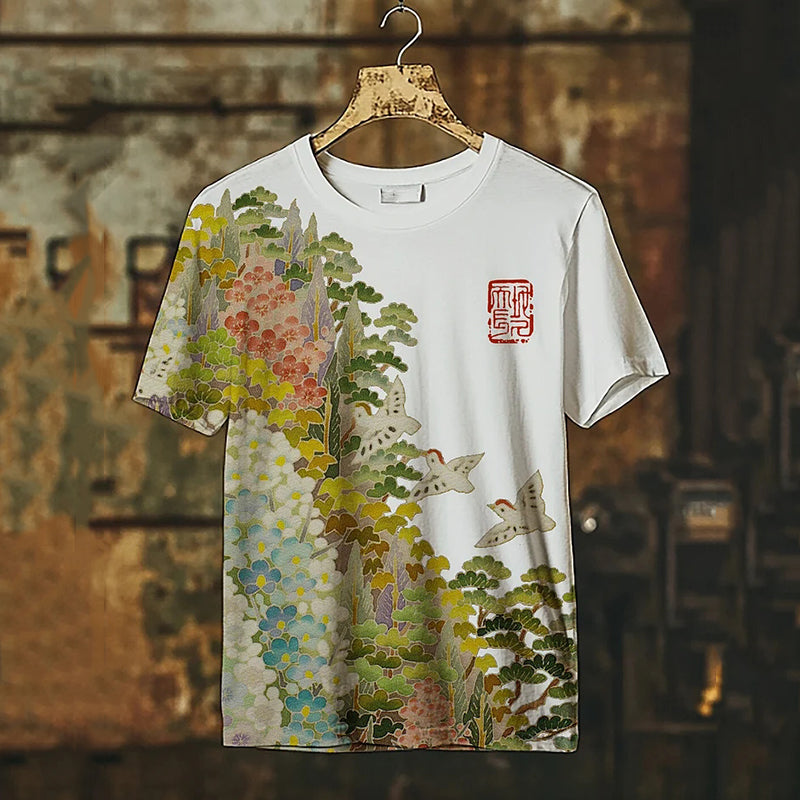 Japanese Art Flower Print Crew Neck Short Sleeve T-shirt