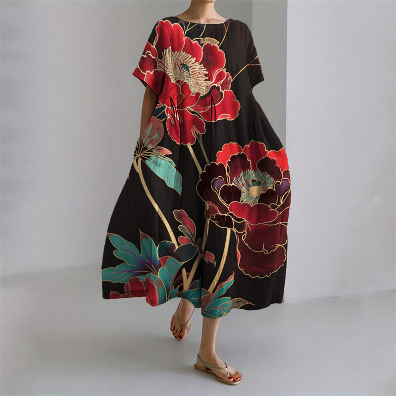 Classy Flowers Japanese Art Linen Blend Maxi Dress