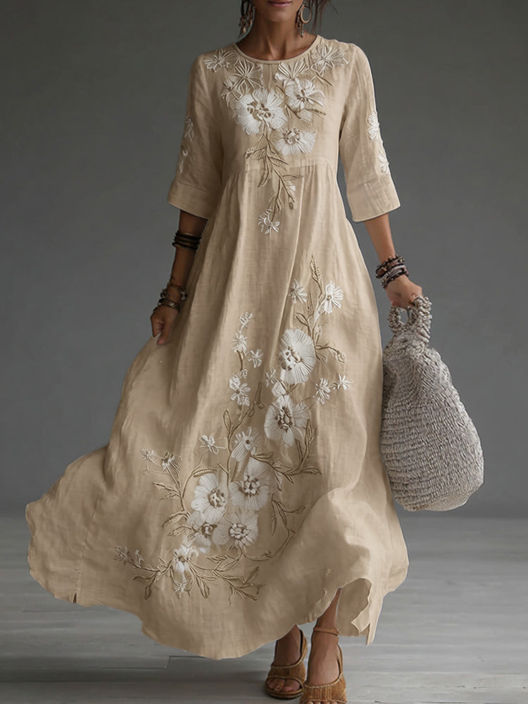 Japanese Floral Art Embroidered Casual Linen Maxi Dress