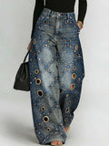 Women's Retro Art Print Casual Stylish Hollow Denim Pants