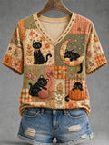 Women's Autumn Floral Plaid Patchwork Black Cat Print T-Shirt