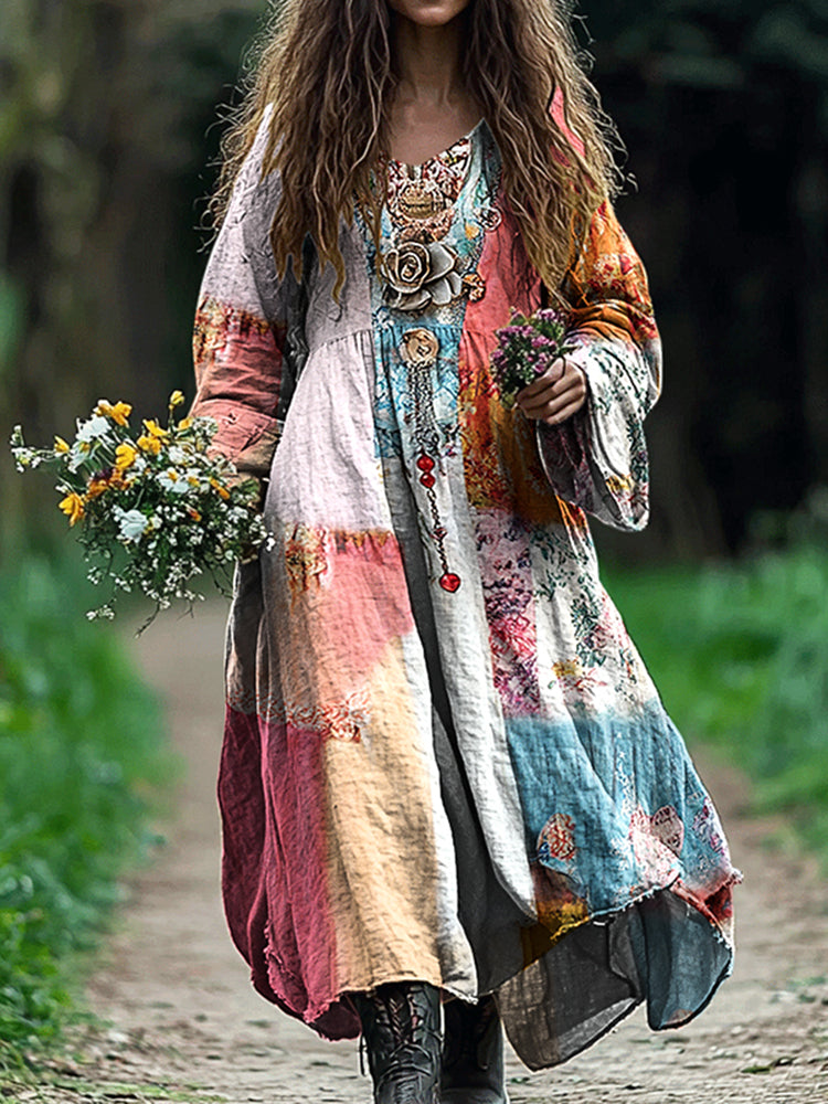 Women's Vintage Bohemian Floral Patch V-neck Cotton And Linen Dress