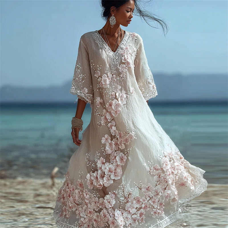 Vintage Japanese Cherry Blossom Floral Flowy Linen Maxi Dress