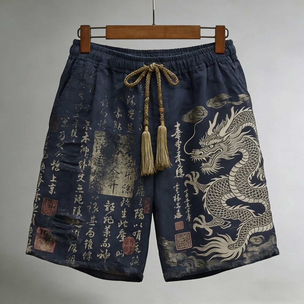 Men's Calligraphy With Dragon Art Pattern Linen Blend Casual Shorts