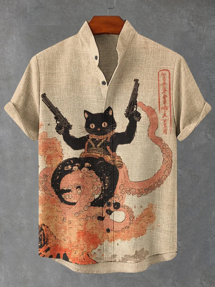 Men's Black Cat Octopus Ocean Fantasy Art Print Casual Shirt