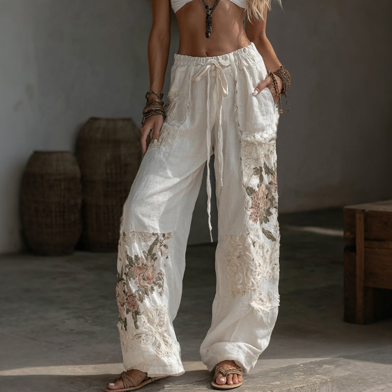 Japanese Floral Patchwork Art Embroidered Casual Linen Pants