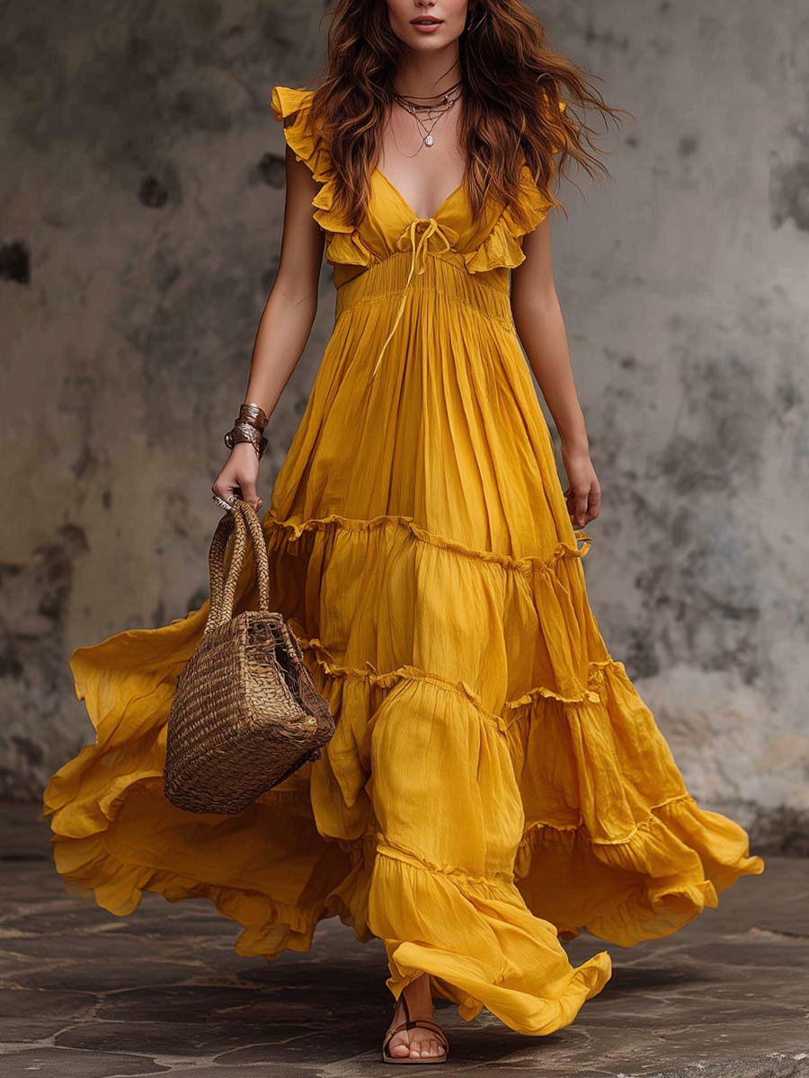Relaxed Flutter Sleeves Layered Ruffle Hem Cotton Linen Maxi Dress