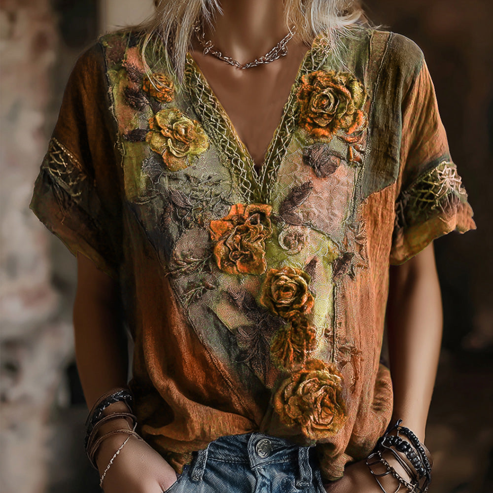 Vintage Faded Rose Woven Embroidered Purple Spliced Cotton-linen V-neck Short Sleeve