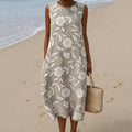 Women's Japanese Floral Art Linen-blend Sleeveless Maxi Dress