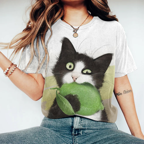 Abstract Creative  Cute Lemon Cat Art Print Cotton Graphic T-shirt