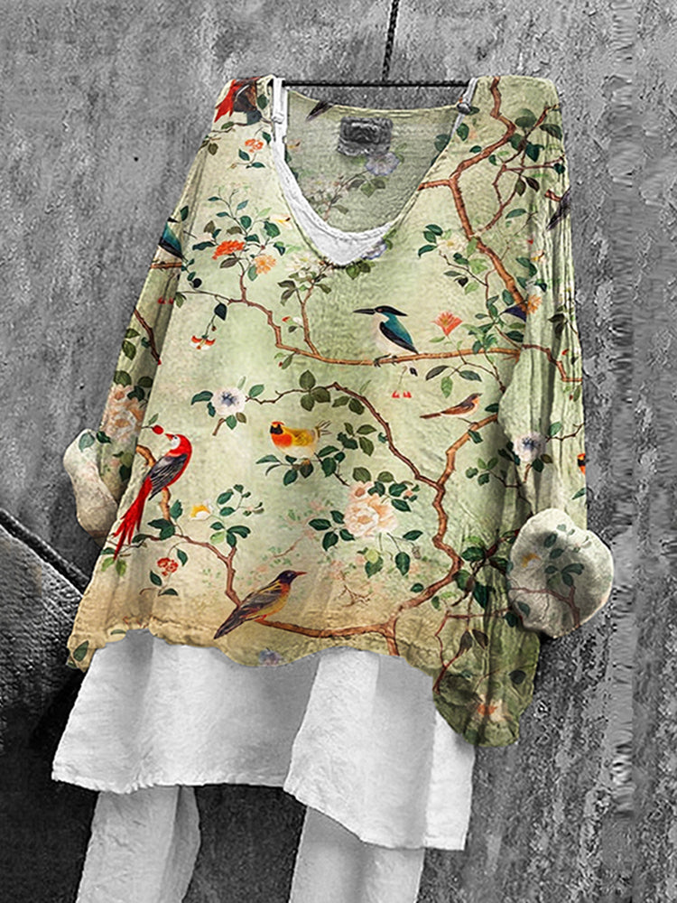 Women's Japanese Flower And Bird Art Print Loose V-neck Shirt