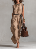 Sophisticated Sand-Tone Belted Midi Dress