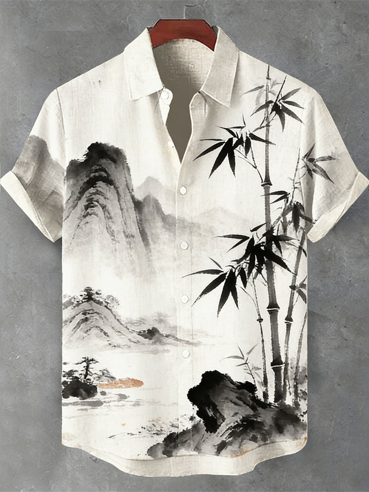 Japanese Ink Landscape Pattern Men's Linen Short Sleeve Shirt