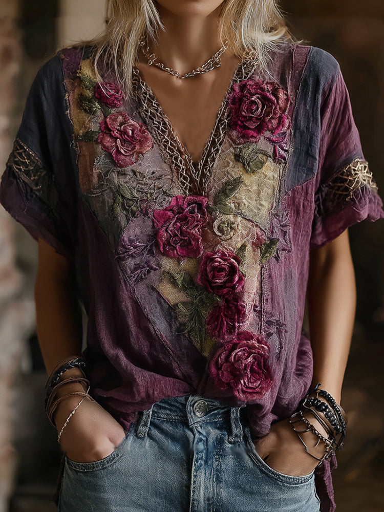 Vintage Faded Rose Woven Embroidered Purple Spliced Cotton-linen V-neck Short Sleeve