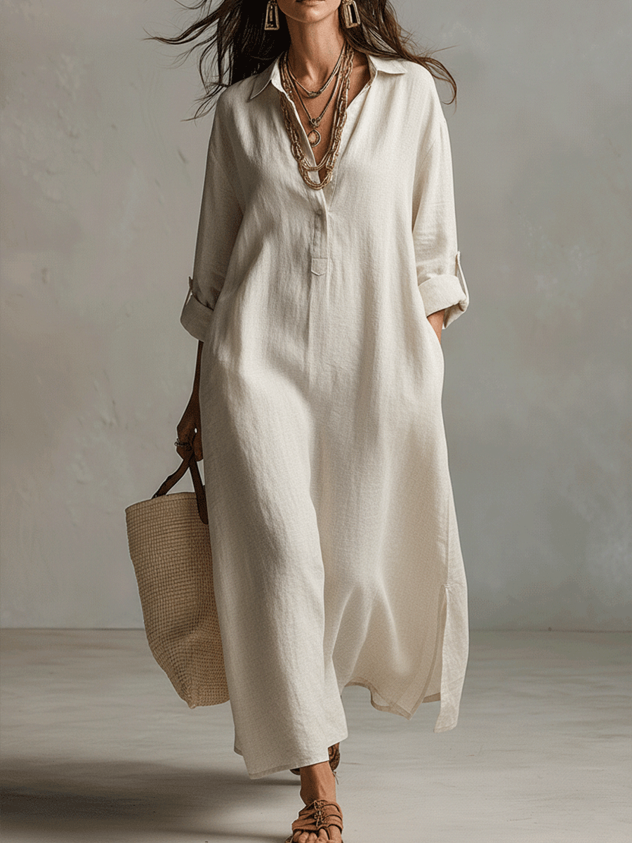 Vintage Lightweight Linen Maxi Shirt Dress In Natural Cream