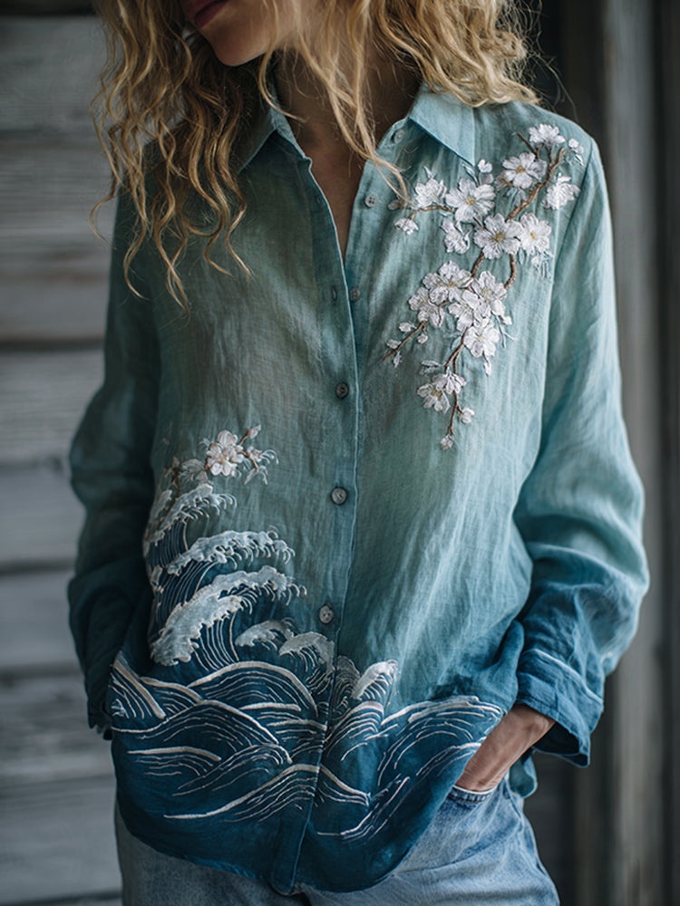 Women's Vintage Floral Ukiyoe Embroidered Linen Long Sleeve Shirt