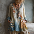 Women's Vintage Floral Embroidery Gradient Linen V-neck Shirt