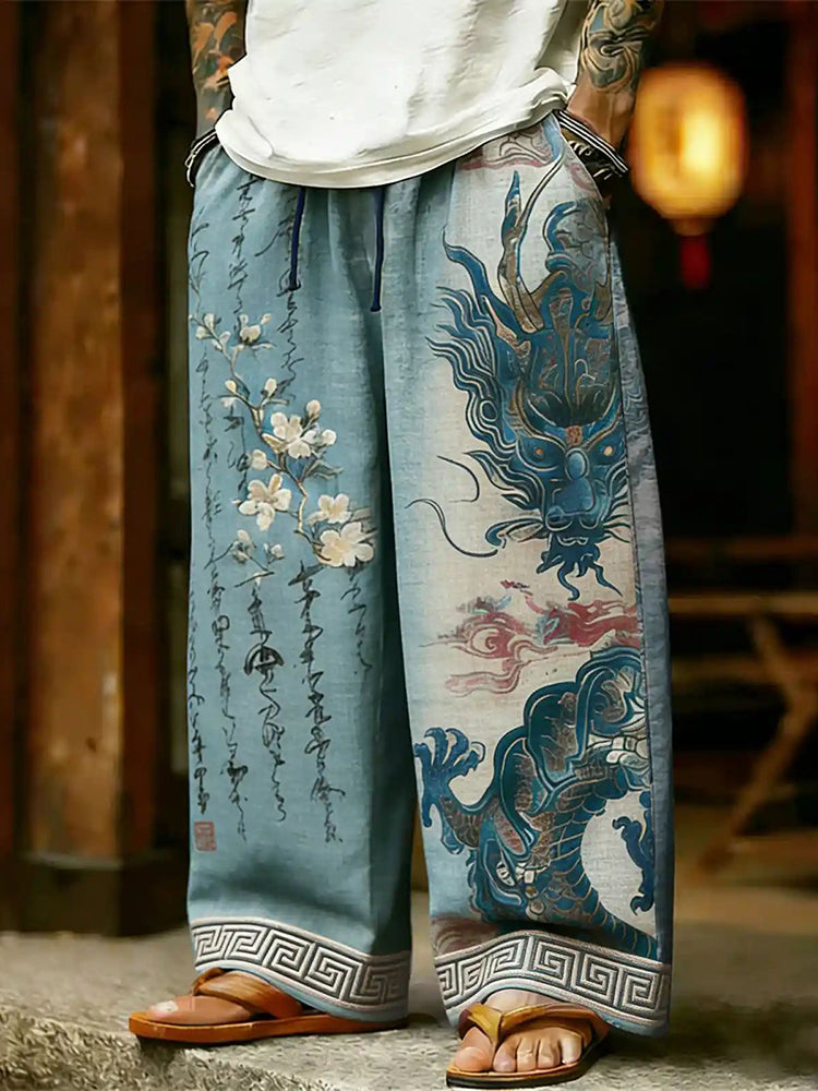 Men's Retro Floral Calligraphy And Dragon Pattern Art Linen Pants