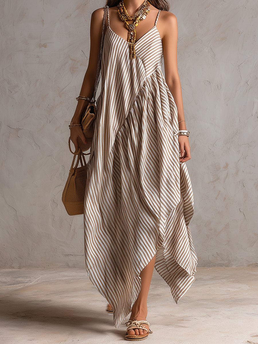 Neutral Striped Asymmetric Boho Maxi Dress