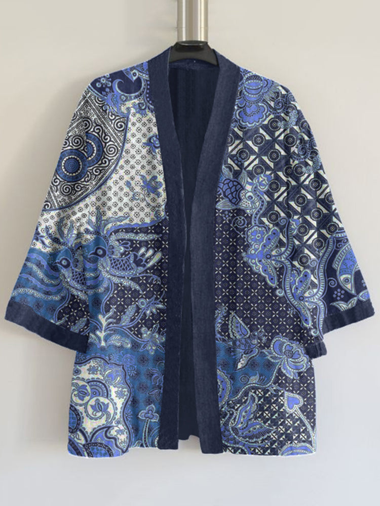 Japanese Traditional Sashiko Art Pattern Art Print Linen Blend Kimono Cardigan