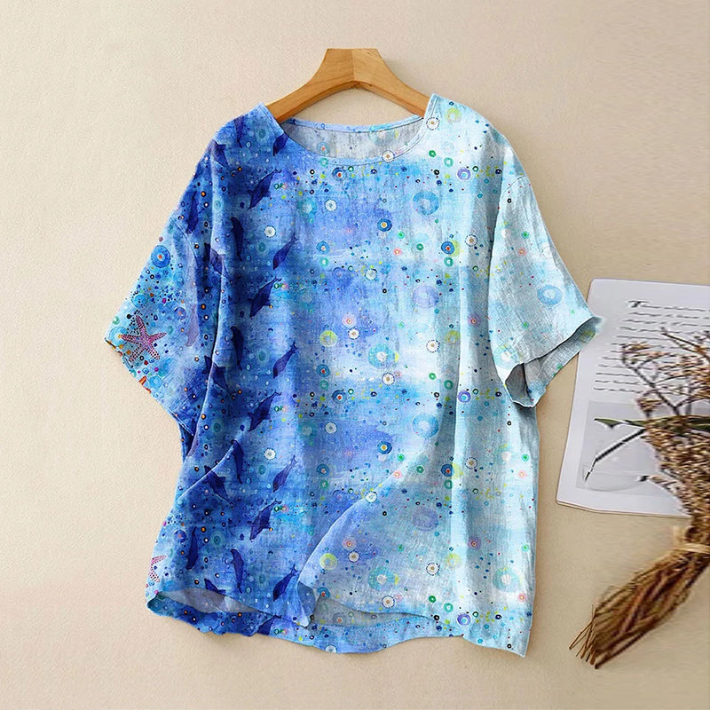 Women's Vintage Ocean Art Print Casual Linen Crew Neck Shirt