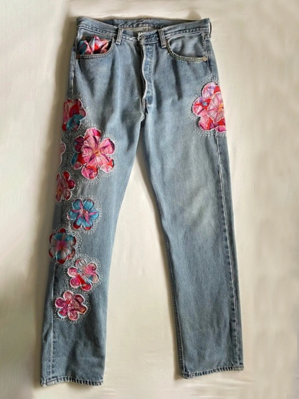 Vintage Japanese Sakura Applique Embroidery Art Design Jeans
