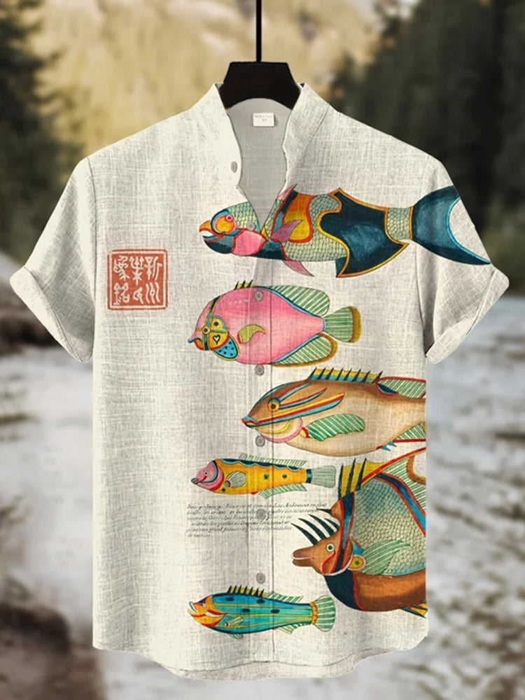 Men's Colorful Fish Art Print Short Sleeve Shirt