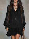 Bohemian Black Chiffon Dress With Soft Ruffle Trim