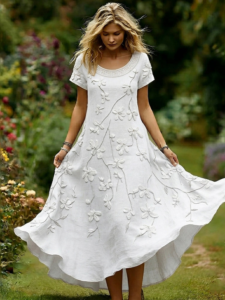 Women's Vintage White Floral Casual Round-neck Dress