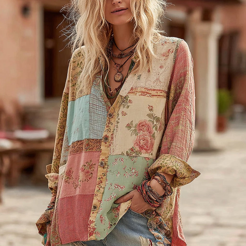 Women's Vintage Bohemian Patchwork Print Casual Shirt