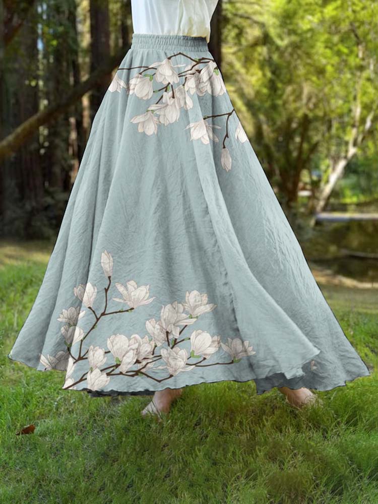 Magnolia Flower Japanese Art A-Hem Skirt