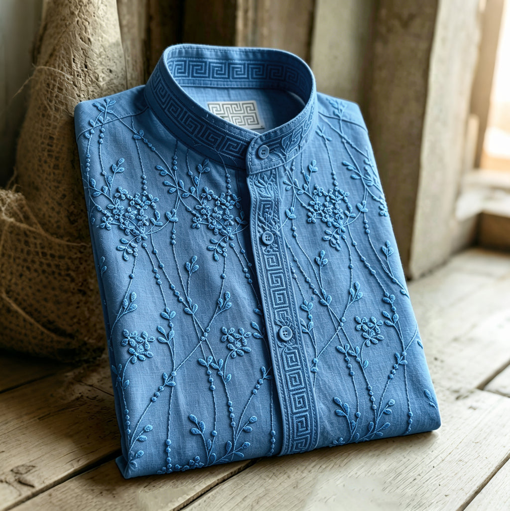 Retro Floral Pattern Casual Linen Blend Shirt