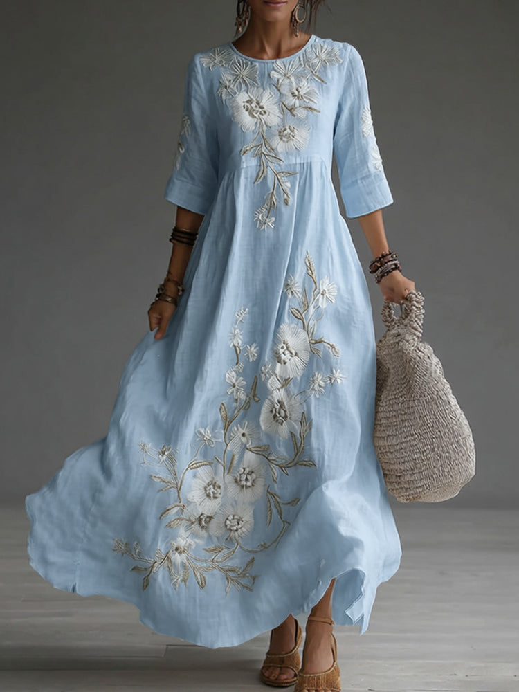 Japanese Floral Art Embroidered Casual Linen Maxi Dress
