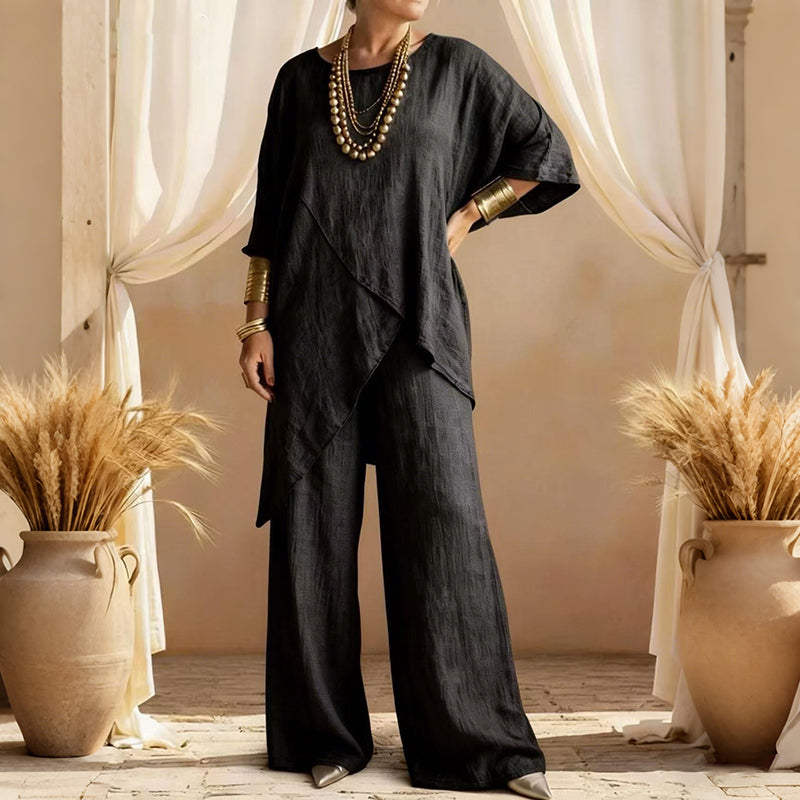 Women's Comfy Linen Blend Flowy Double Layer Design Top And Pants Two-piece Set
