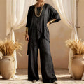 Women's Comfy Linen Blend Flowy Double Layer Design Top And Pants Two-piece Set