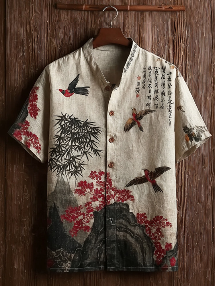 Japanese Art Retro Style Birds And Flowers Pattern Men's Short Sleeve Shirt
