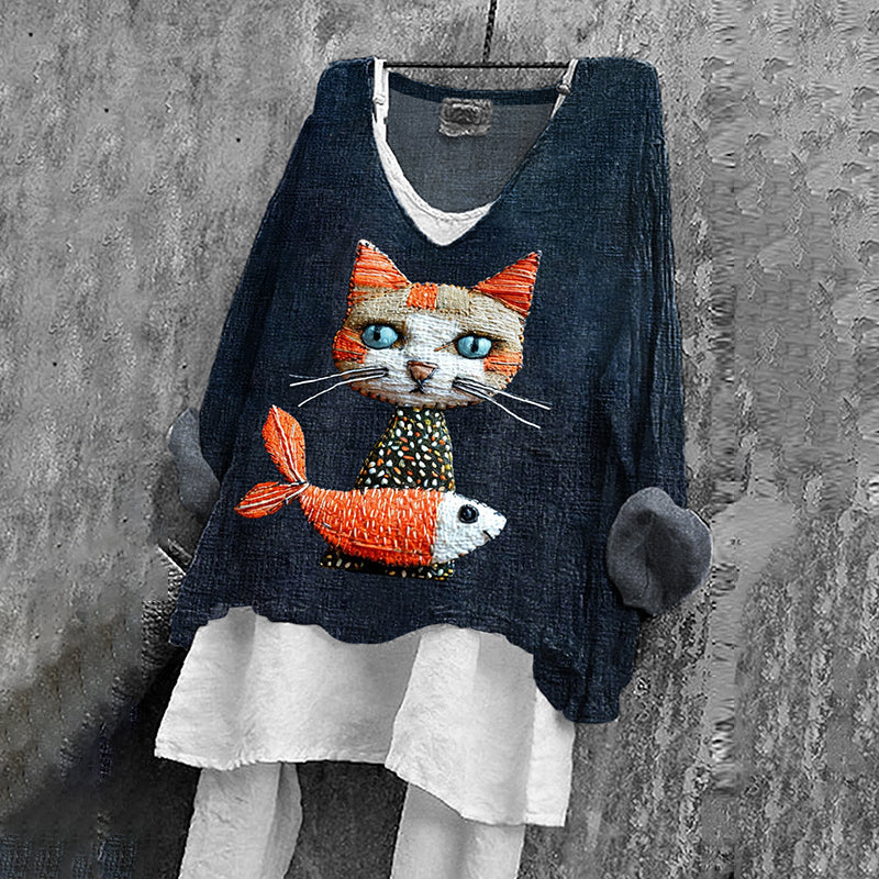 Women's Cat And Koi Art Print V-neck Shirt