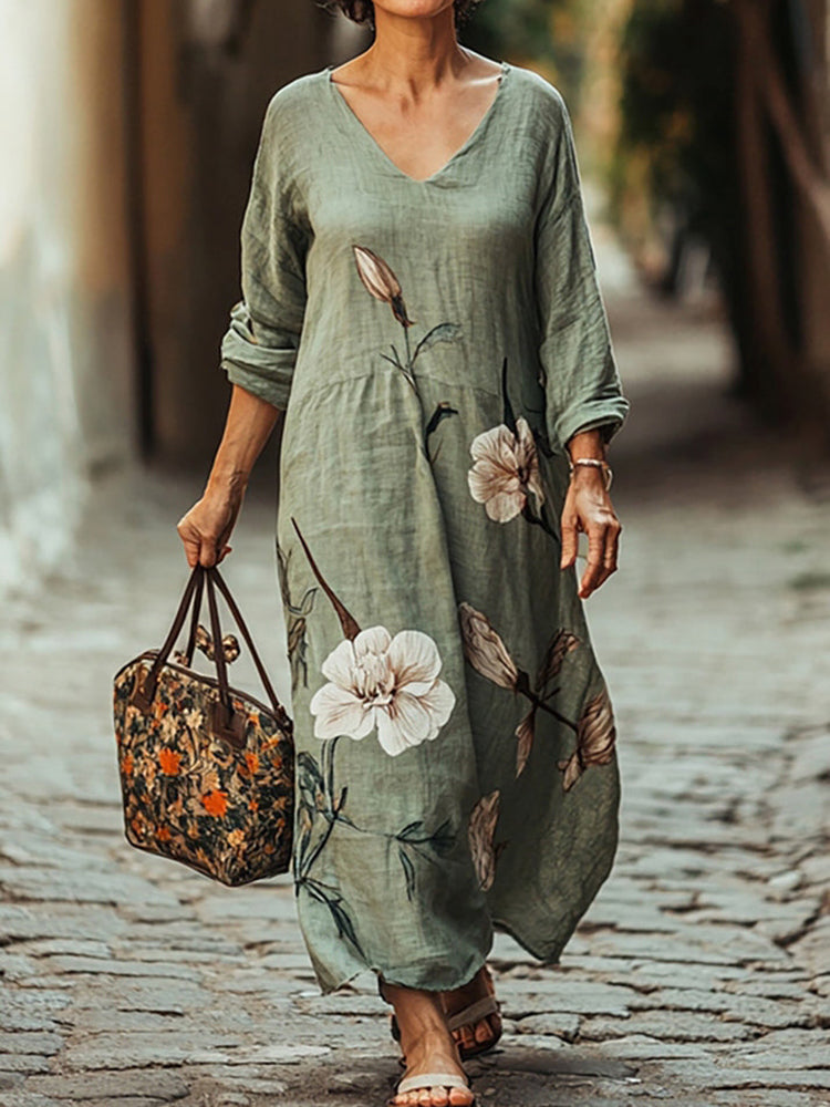 Women's Floral Print V-neck Loose Midi Dress