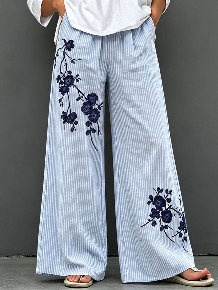 Vintage Plum Bossom With Stripe Art Casual Pants