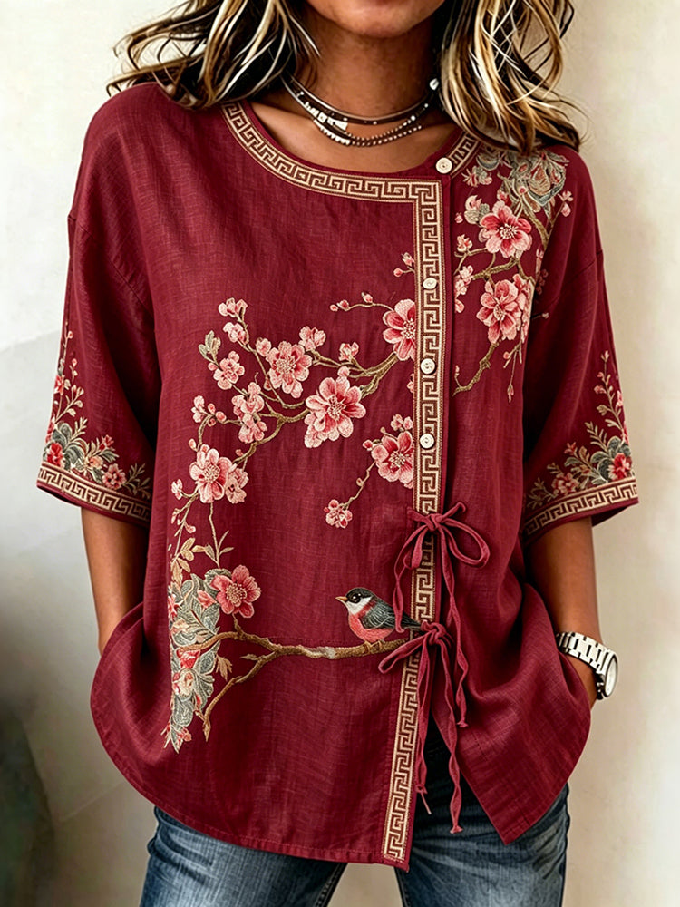 Women's Vintage Cherry Blossom & Bird Art Pattern Tie-front Shirt