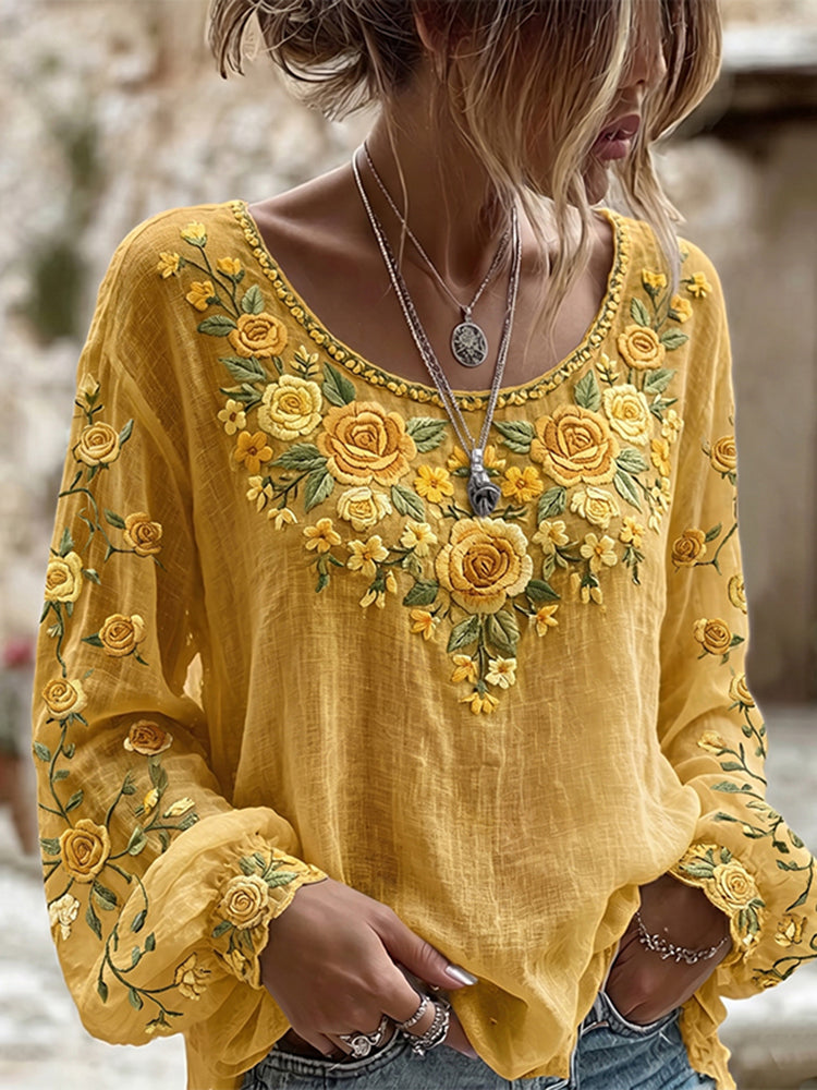 Women's Bamboo Flower Art Crew Neck Long Sleeve T-shirt