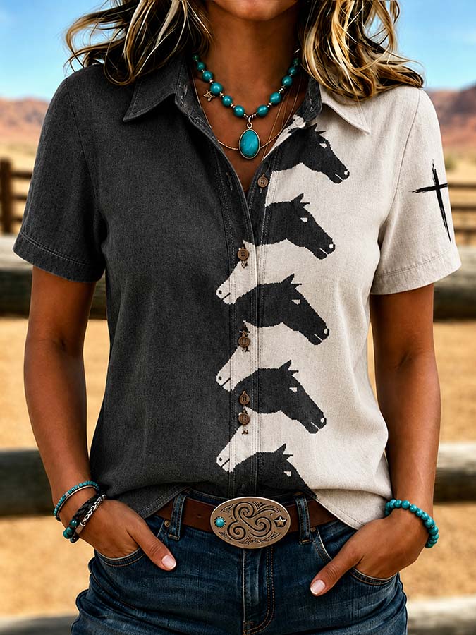 Women'S Retro Western Style Cross Short Sleeved Shirt