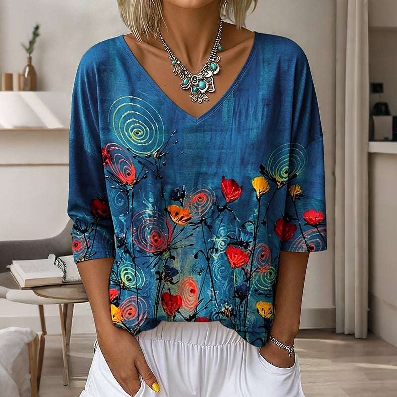 Women's Vintage Floral Pattern Art Print Flowy Linen Blend  Three-quarter Sleeve V Neck Linen Tops