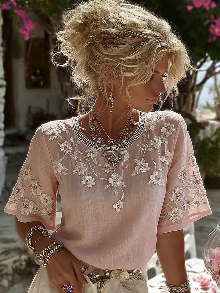 Women's Japanese Sakura Print Crew Neck Linen Blend Short  Sleeve T-shirt